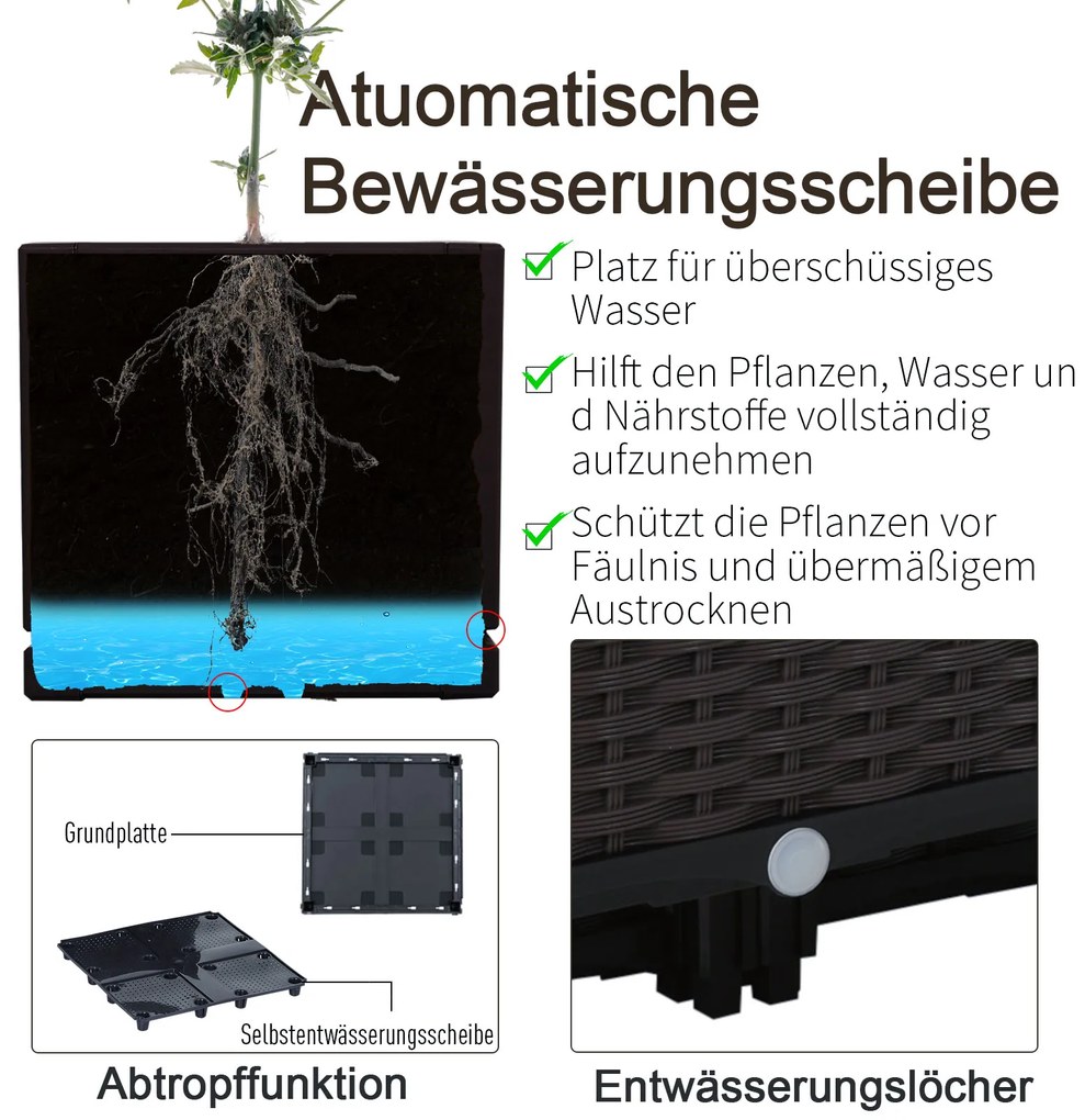 Outsunny Υπερυψωμένο παρτέρι, γλάστρα με τρύπες αποστράγγισης, γλάστρα σε εμφάνιση rattan, πλαστικό, καφέ, 40 x 40 x 44 cm