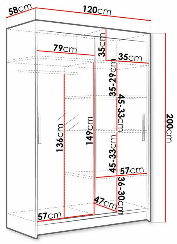 Ντουλάπα Atlanta 128, Σκούρα δρυς, 200x120x58cm, 108 kg, Πόρτες ντουλάπας: Ολίσθηση, Αριθμός ραφιών: 5, Αριθμός ραφιών: 5 | Epipla1.gr