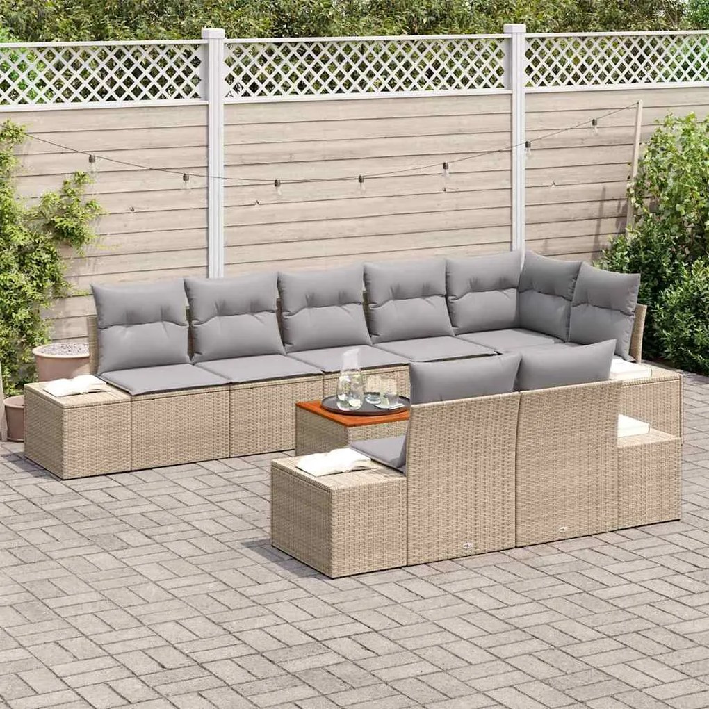 vidaXL Σετ Καναπέ Κήπου με μαξιλάρι 9 pcs Μπεζ Πολυ ράταν