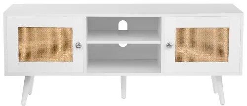 VEVOR Rattan TV Stand, Boho TV Cabinet for 55 inch TV, Mid Century Modern TV Stand, Rattan TV Console with Adjustable Shelfs for  Living Room, Media Room, White