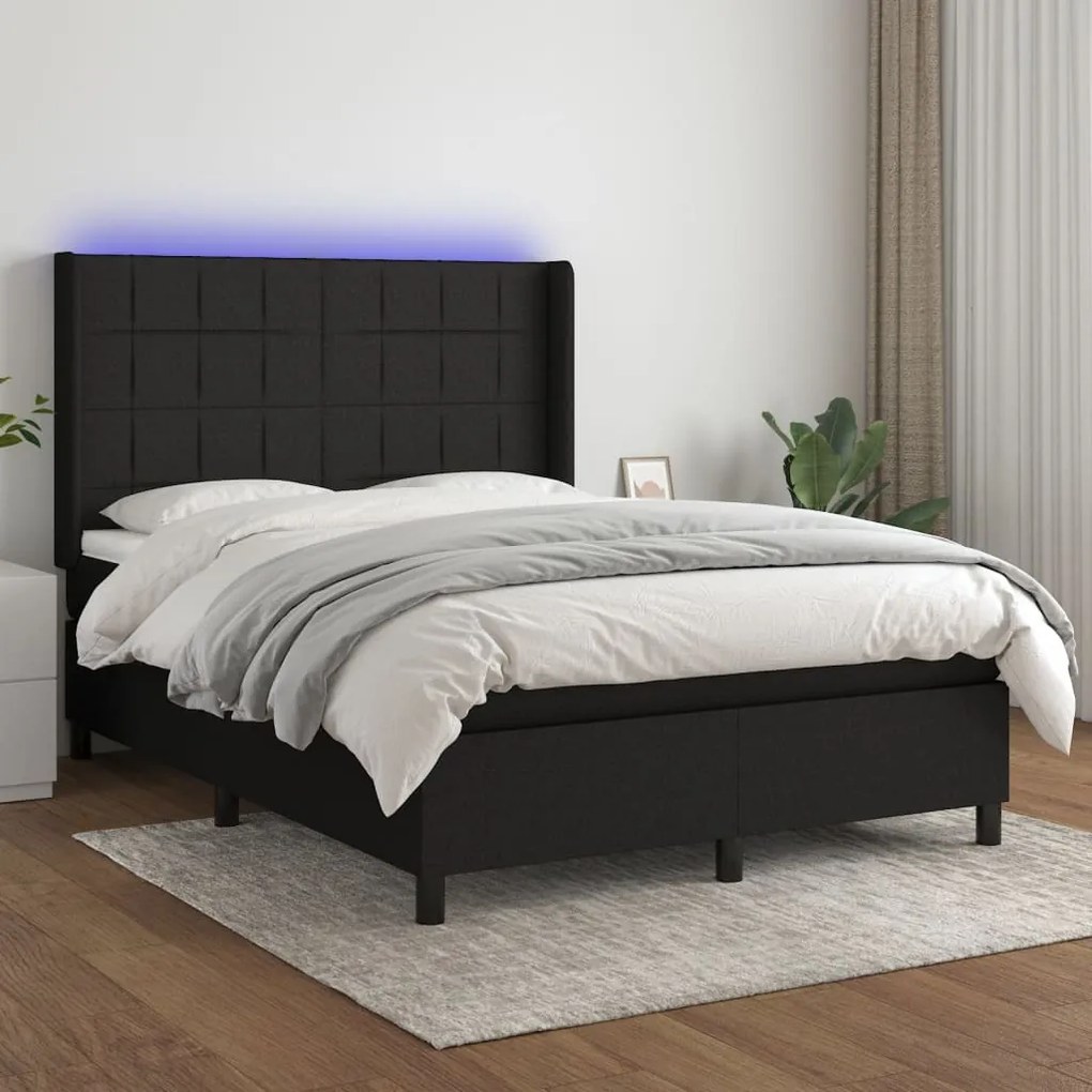 Κρεβάτι Boxspring με Στρώμα & LED Μαύρο 140x200 εκ. Υφασμάτινο