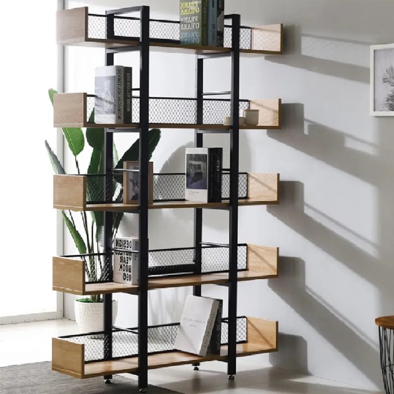 Βιβλιοθήκη Musha pakoworld μέταλλο μαύρο με oak απόχρωση 120x22x185εκ