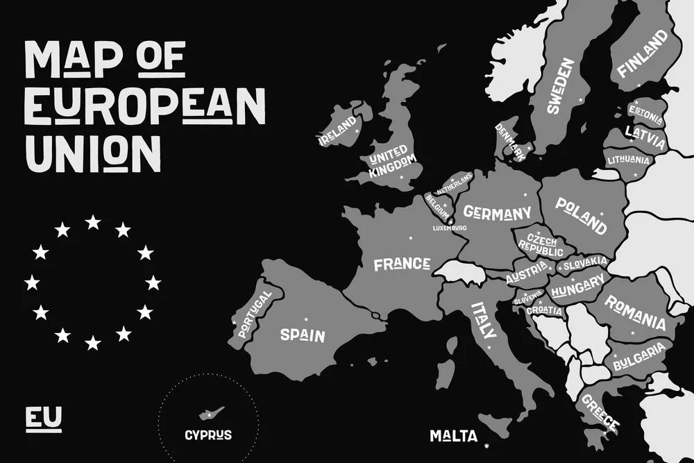 Εικόνα σε εκπαιδευτικό χάρτη από φελλό με ονόματα χωρών σε μαύρο & άσπρο της ΕΕ - 90x60 color mix