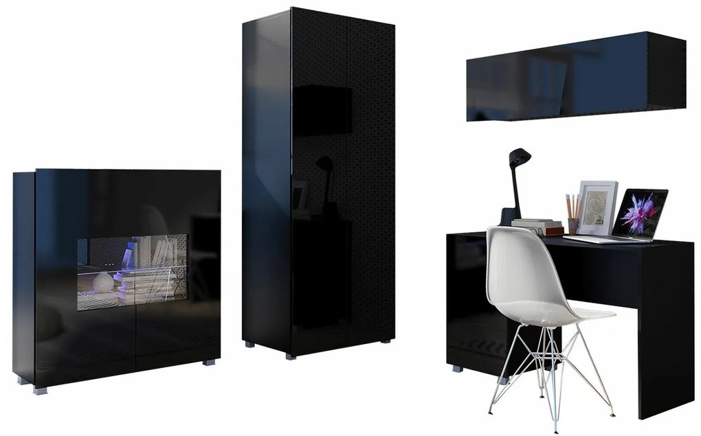 Σετ επίπλων Providence B156, 200x52cm, 143 kg, Μαύρο, Γυαλιστερό μαύρο, Πλαστικοποιημένη μοριοσανίδα, Επεξεργασμένο γυαλί, Στυλ: Μοντέρνο | Epipla1.gr