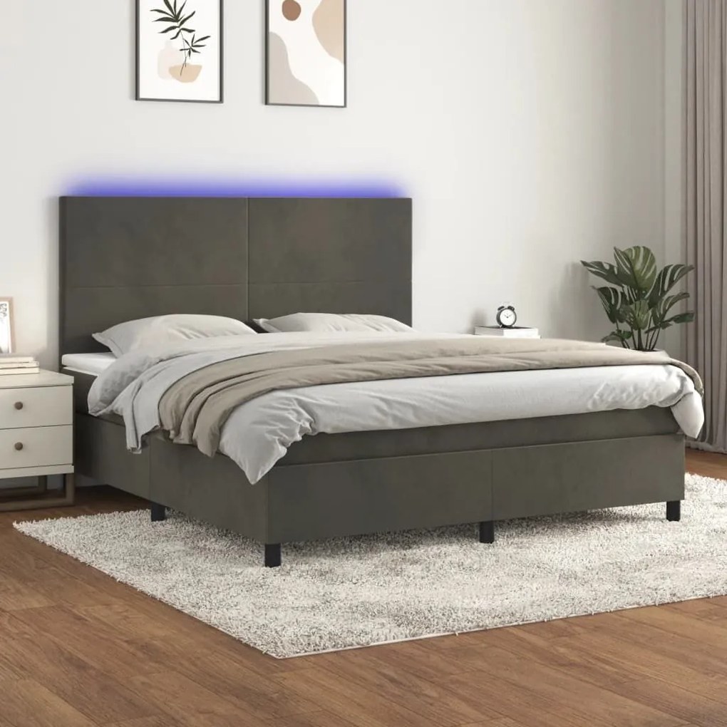 Κρεβάτι Boxspring με Στρώμα &amp; LED Σκ. Γκρι 180x200εκ. Βελούδινο - Γκρι