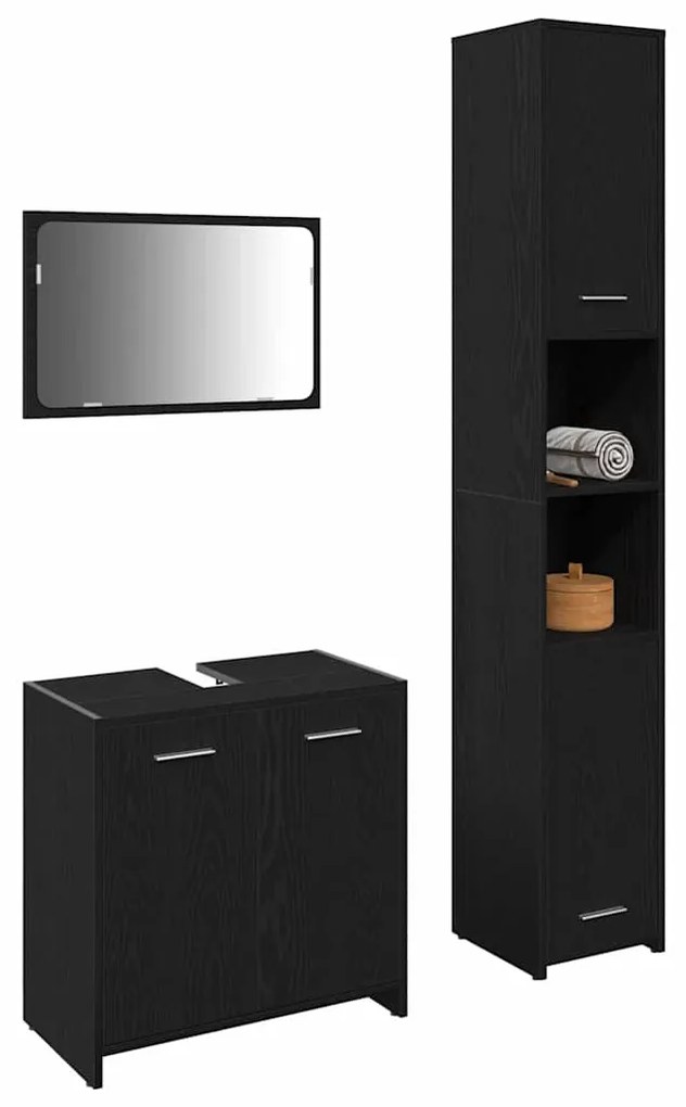vidaXL Έπιπλα Μπάνιου Επιτοίχιο 3 pcs Μαύρη Οξυά 30 x 30 x 183.5 εκ.