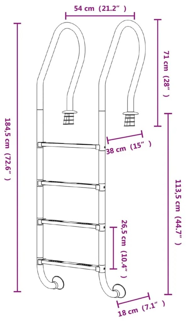 vidaXL Σκάλα Πισίνας 54 x 38 x 184,5 εκ. από Ανοξείδωτο Ατσάλι 304