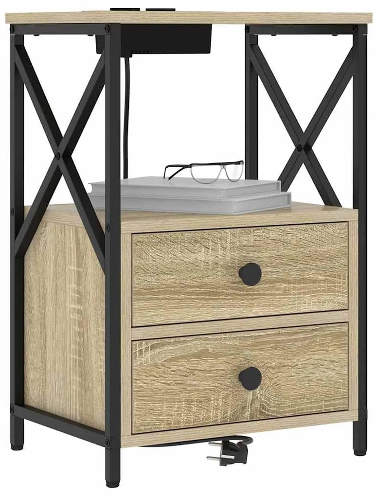 vidaXL Κομοδίνο με Σταθμό Φόρτισης με συρτάρι 2 pcs Sonoma Δρυς