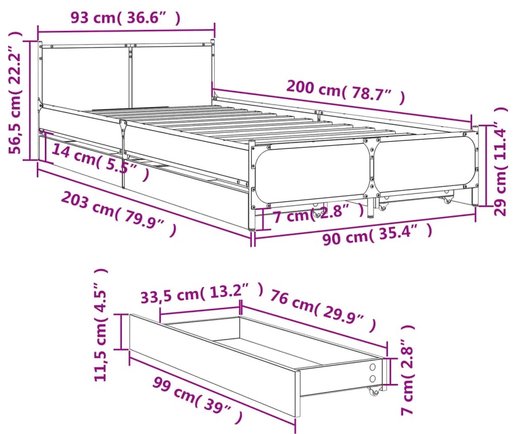 Πλαίσιο Κρεβατιού με συρτάρια Γκρι sonoma 90x200εκ. Επεξ. Ξύλο - Γκρι