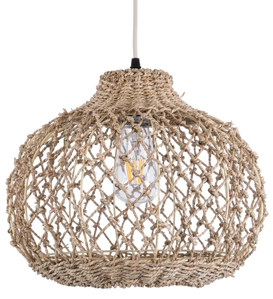 GloboStar® ECUADOR 02115 Boho Κρεμαστό Φωτιστικό Οροφής Μονόφωτο 1 x E27 AC220-240V IP20 - Φ35 x Υ28cm - Μπεζ Seagrass - Φύκι Πλέγμα Καμπάνα - 5 Χρόνια Εγγύηση