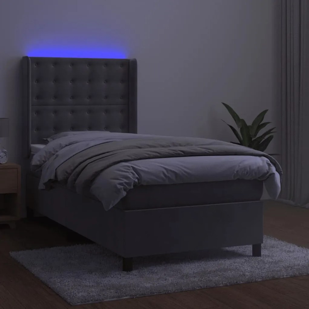 vidaXL Κρεβάτι Boxspring με Στρώμα & LED Αν.Γκρι 100x200 εκ. Βελούδινο