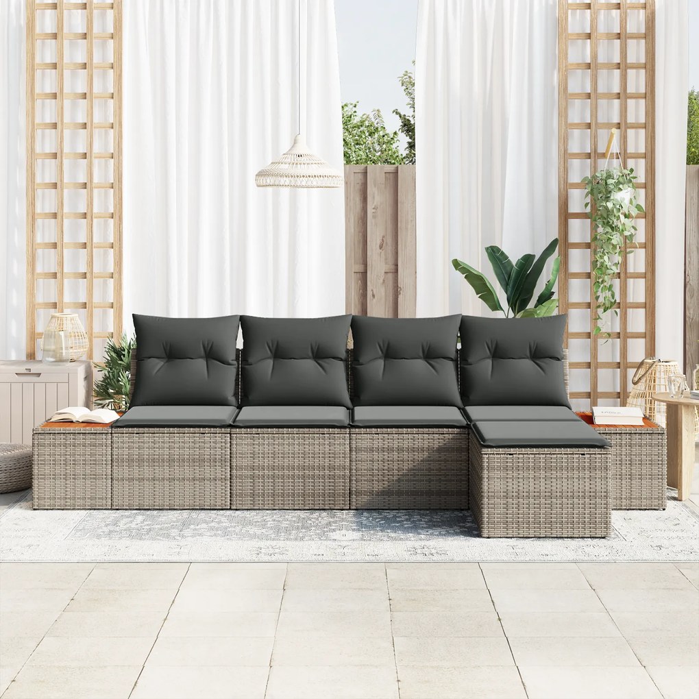 vidaXL σετ καναπέ κήπου 5 τμχ με μαξιλάρια γκρι poly rattan acacia