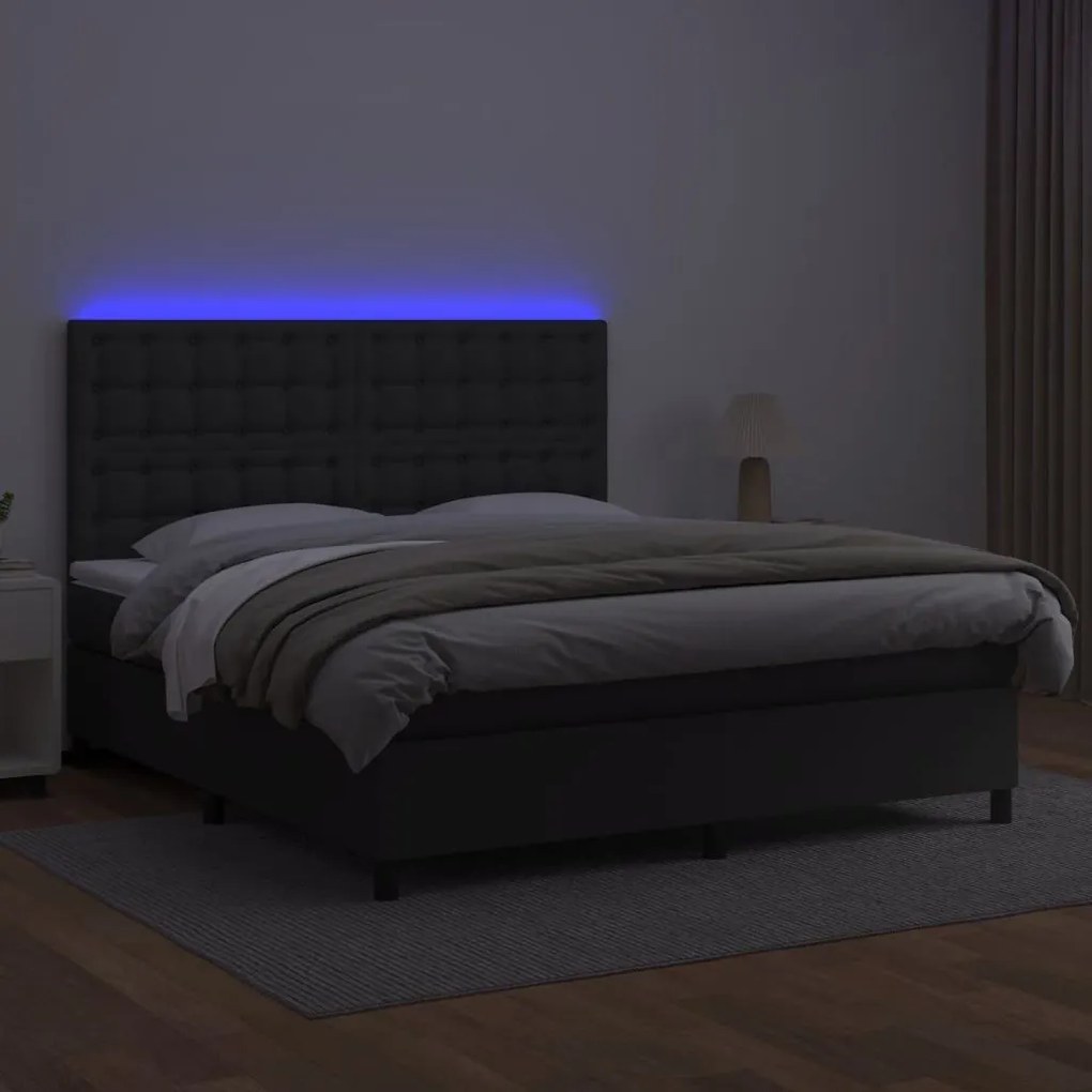 Κρεβάτι Boxspring με Στρώμα &amp; LED Μαύρο 180x200 εκ. Συνθ. Δέρμα - Μαύρο