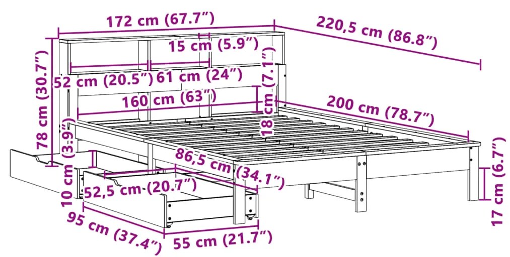 ΚΡΕΒΑΤΙ ΒΙΒΛΙΟΘΗΚΗ ΧΩΡΙΣ ΣΤΡΩΜΑ 160X200 ΕΚ ΜΑΣΙΦ ΞΥΛΟ ΠΕΥΚΟΥ 3309804