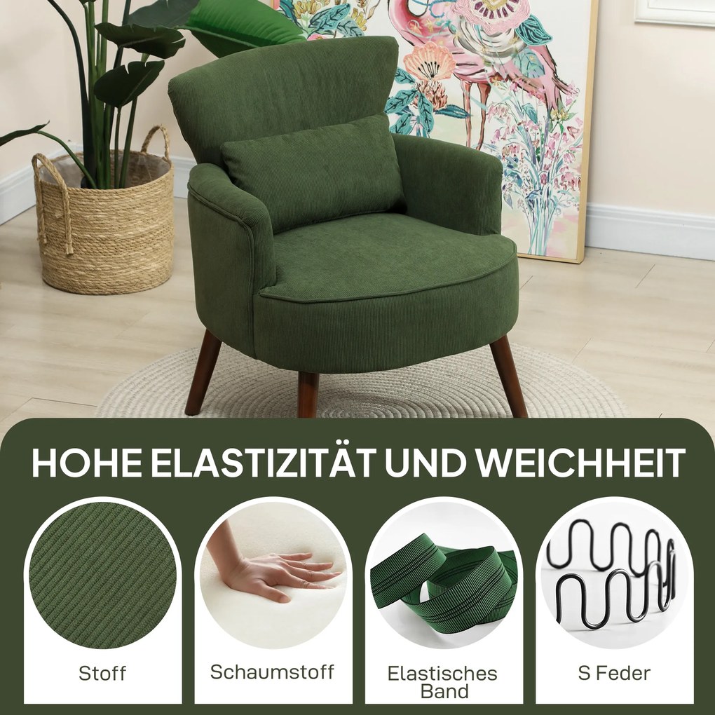 HOMCOM Μοντέρνα Πολυθρόνα, Ενισχυμένη Πολυθρόνα με Μαξιλάρι Οσφυϊκής Μοίρας, Πράσινο