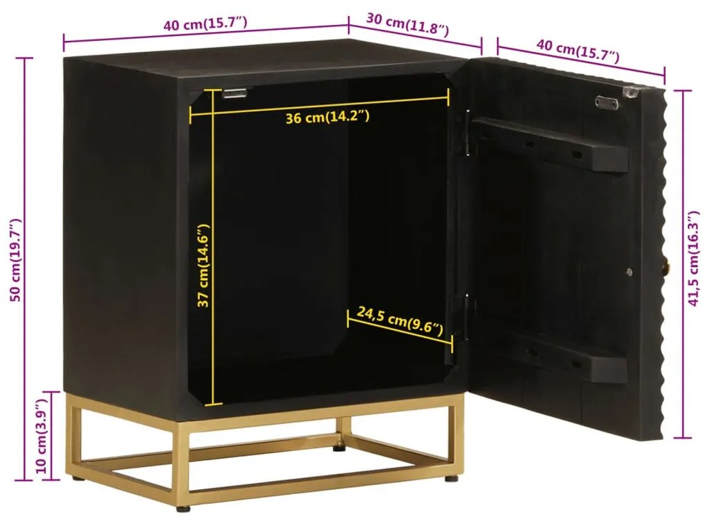 Κομοδίνο Μαύρο 40x30x50 εκ. από Μασίφ Ξύλο Μάνγκο και Σίδερο - Μαύρο