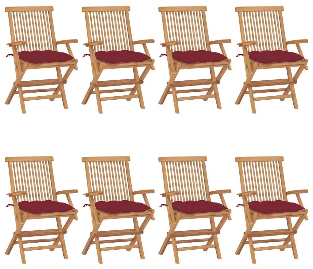 vidaXL Καρέκλες Κήπου 8 τεμ. από Μασίφ Ξύλο Teak με Μπορντό Μαξιλάρια