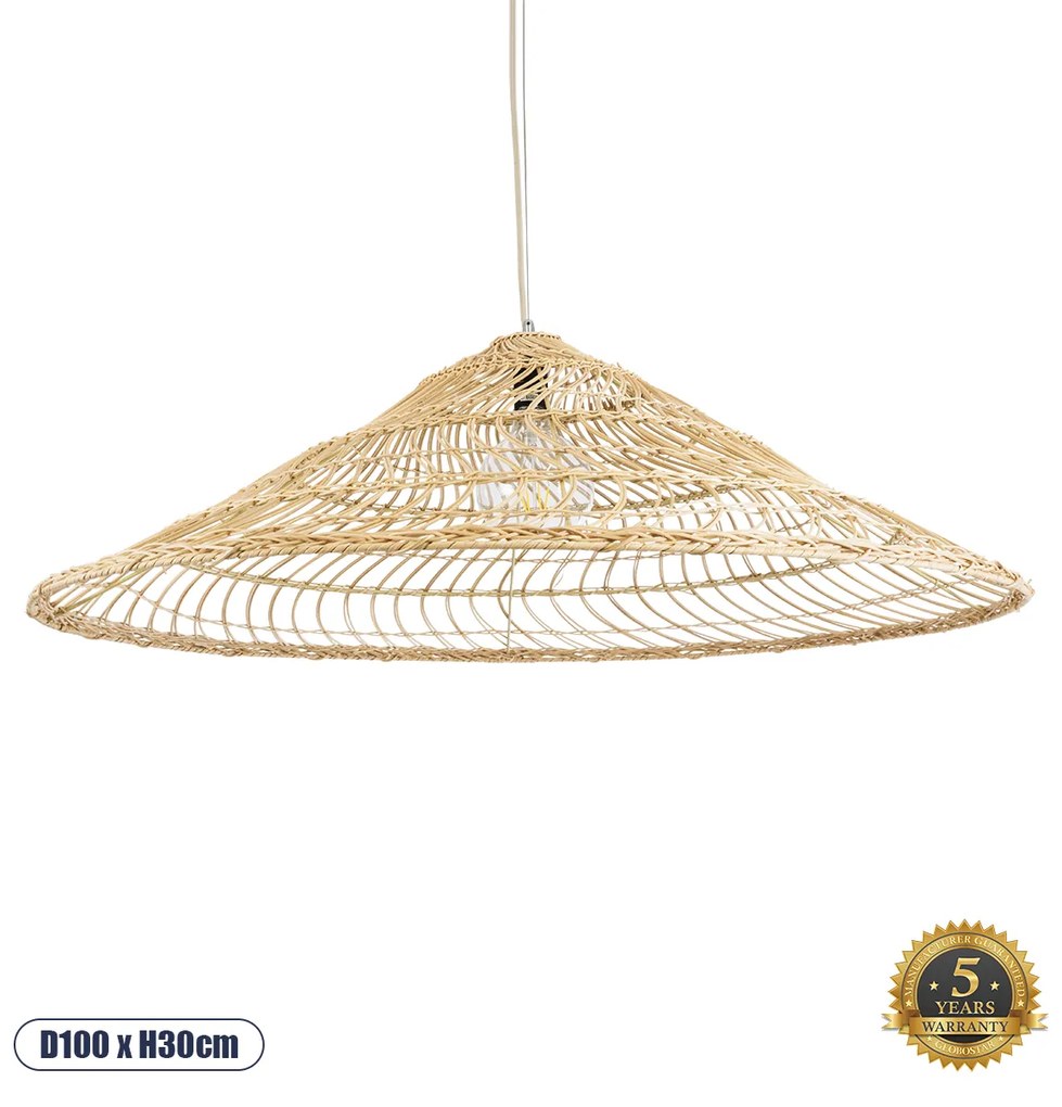 GloboStar® KAIA 02348 Boho Κρεμαστό Φωτιστικό Οροφής Μονόφωτο 1 x E27 AC220-240V IP20 - Φ100 x Υ30cm - Μπεζ Ξύλινο Μπαμπού Πλέγμα Καμπάνα - 5 Χρόνια Εγγύηση