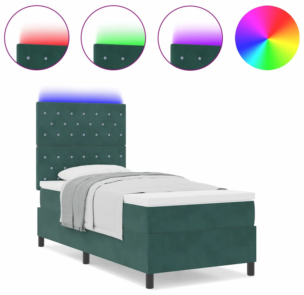 vidaXL Κρεβάτι με Στρώμα & LED Σκούρο Πράσινο 100x200 εκ. Βελούδο