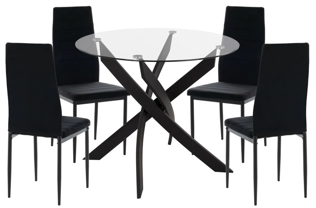 Σετ τραπεζαρίας LADY C21199.04 5τμχ Γυαλί - Μέταλλο & Καρέκλες Βελούδο Μαύρο 90x90x74 εκ.