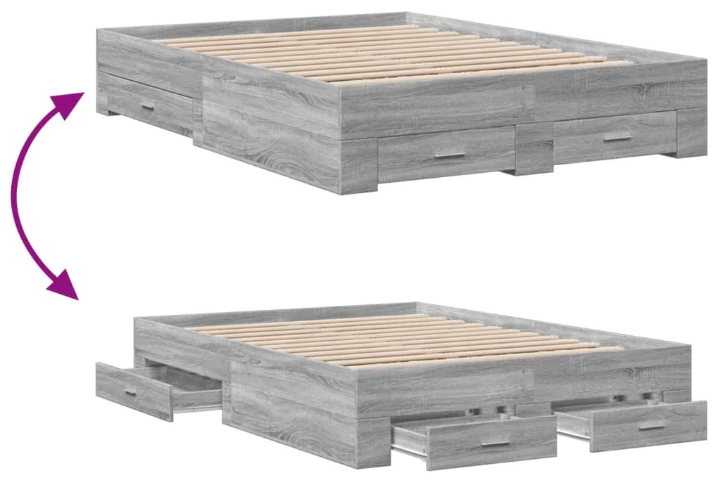 vidaXL Πλαίσιο Κρεβατιού με συρτάρια Γκρι sonoma 140x190εκ. Επεξ. Ξύλο