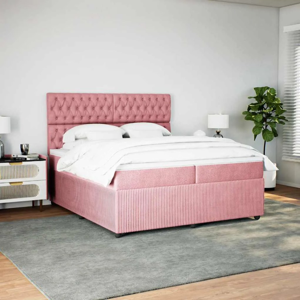 vidaXL Κρεβάτι Boxspring με Στρώμα Ροζ 200x200 εκ. Βελούδινο