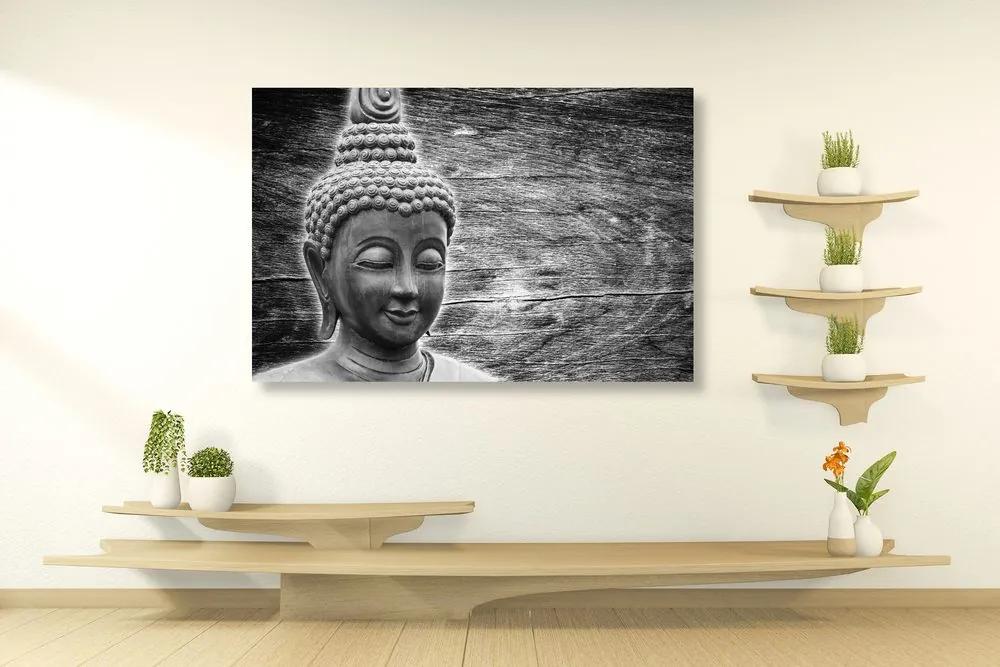 Εικόνα του αγάλματος του Βούδα σε ξύλινο φόντο σε ασπρόμαυρο σχέδιο - 120x80
