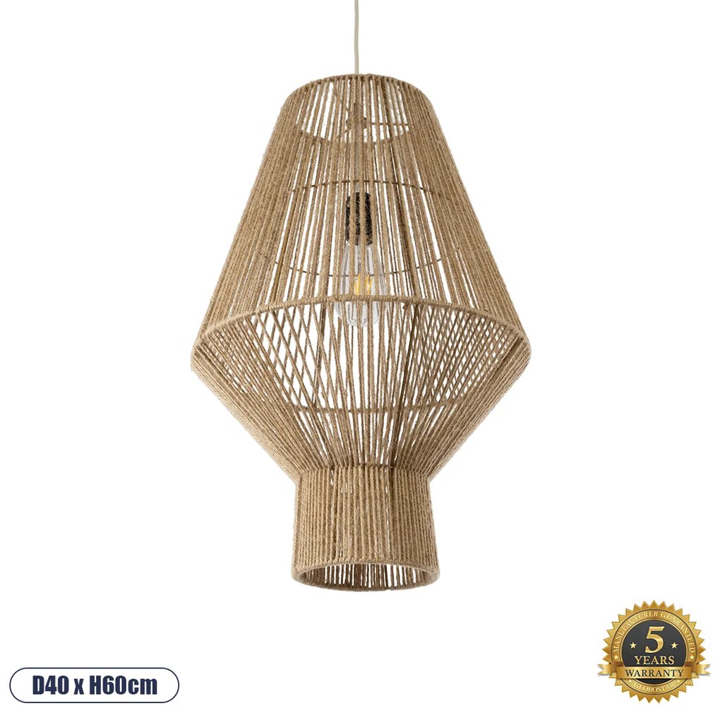 GloboStar CAYMAN 01853 Boho Κρεμαστό Φωτιστικό Οροφής Μονόφωτο 1 x E27 AC220-240V IP20 - Φ40 x Υ60cm - Μπεζ Λεπτό Σχοινί Τριχιά Πλέγμα - 5 Χρόνια Εγγύηση - 01853