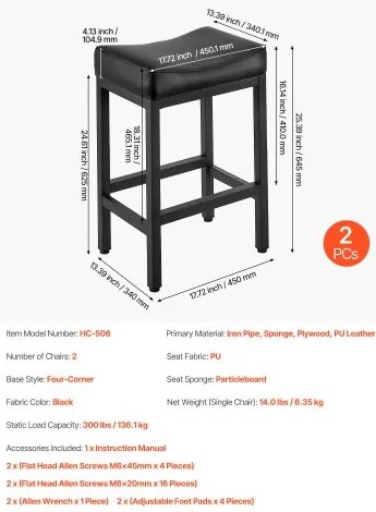 VEVOR Bar Stool Set of 2, PU Leather Counter Height Stools, 62cm Barstool with Saddle-Seat and Metal Legs, Easy Assembly Backless Bar Chair, Island Barstools for Kitchen, Dining Room, Cafe, Black