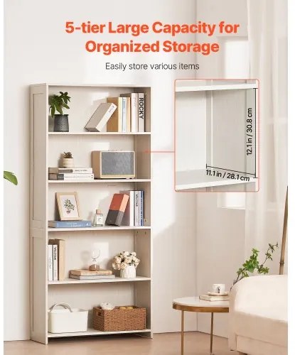 VEVOR 5 Tiers Wide Bookshelf 68" Wooden Freestanding Open Bookcase Shelf White