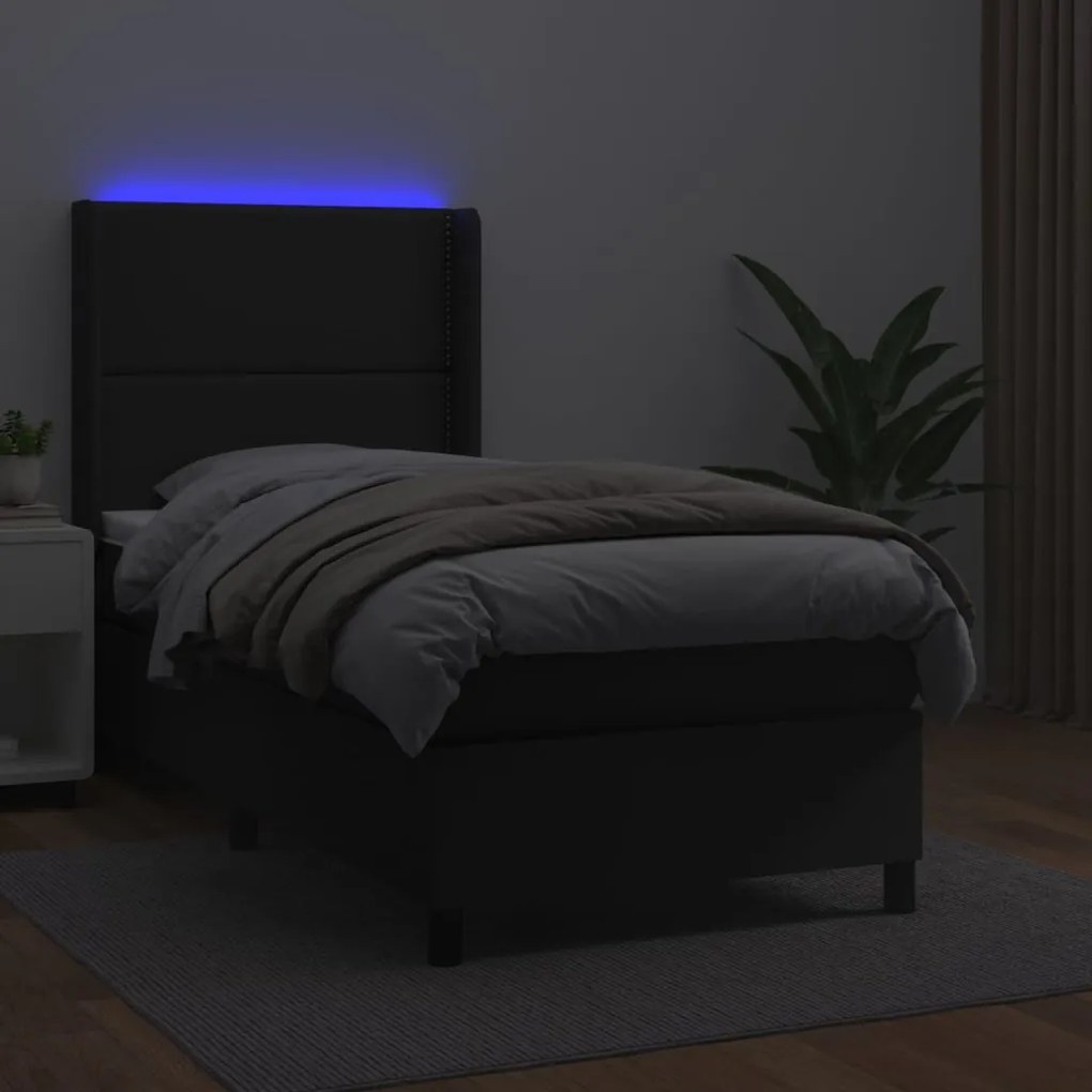 vidaXL Κρεβάτι Boxspring με Στρώμα &amp; LED Μαύρο 90x190 εκ. Συνθ. Δέρμα