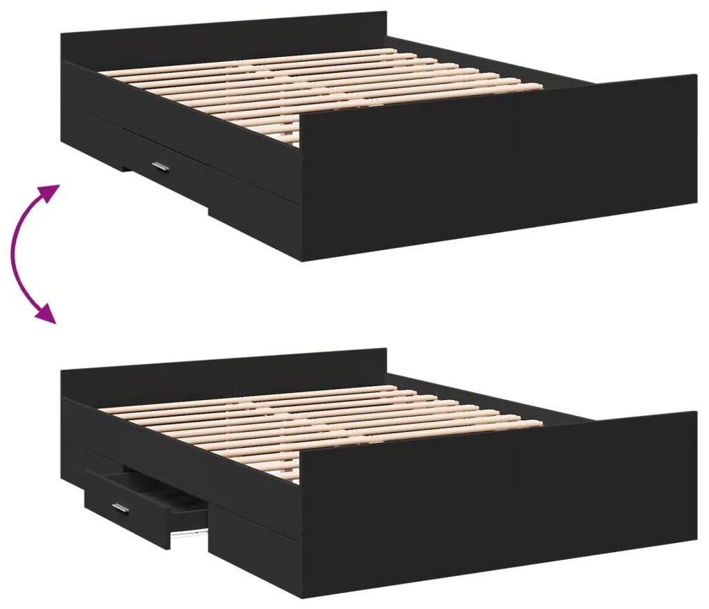 vidaXL Πλαίσιο Κρεβατιού με Συρτάρια Μαύρο 135x190 εκ Επεξεργ. Ξύλο