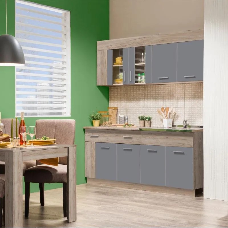 Έτοιμη Σύνθεση κουζίνας LEONA 180 Grey oak - Γκρί 180x60x200 εκ. 180x60x200 εκ.