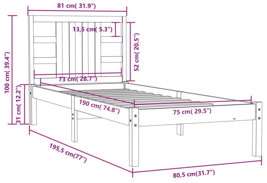 Πλαίσιο Κρεβατιού Λευκό 75x190 εκ. Μασίφ Ξύλο Small Single - Λευκό