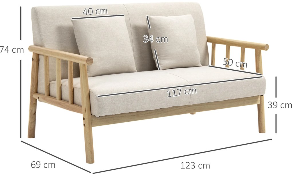 HOMCOM Καναπές 2 θέσεων, υφασμάτινη επένδυση σε όψη λινάτσας, συμπαγής, έως 200 kg, ξύλινος σκελετός, 123Μ x 69Π x 74Υ cm, Μπεζ