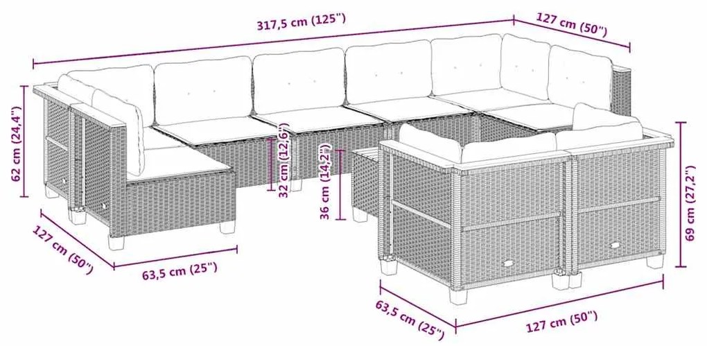 Σετ Καναπέ Κήπου 10 τεμ. Μπεζ Συνθετικό Ρατάν με Μαξιλάρια - Μπεζ