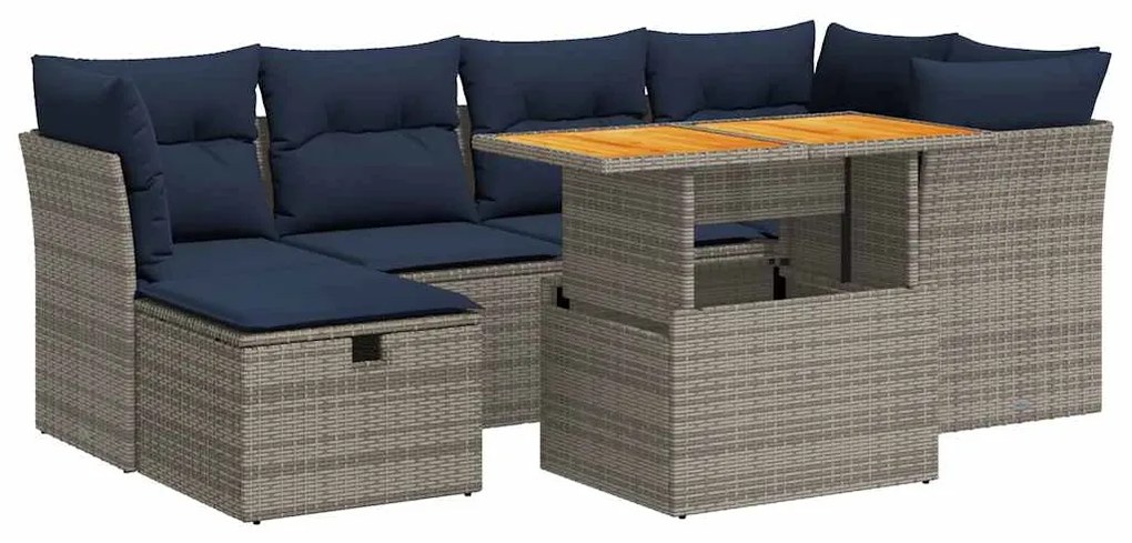 vidaXL Καναπές Σετ 7Τεμαχίων Μαύρο Συνθετικό Ρατάν με Μαξιλάρια Ακακία