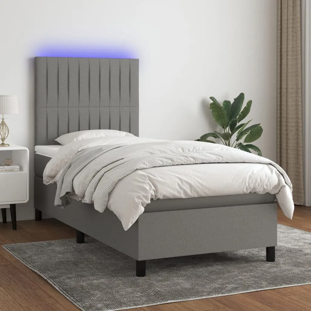 Κρεβάτι Boxspring με Στρώμα & LED Σκ.Γκρι 90x200 εκ. Υφασμάτινο