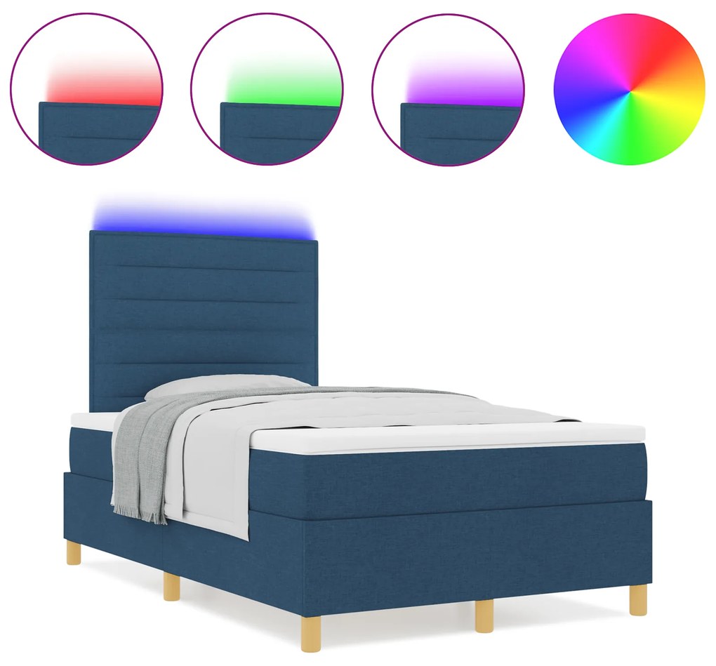 vidaXL Κρεβάτι με Βαθυγυαλισμένο Ξύλο & Στρώμα LED Μπλε 120x200 εκ. Ύφασμα