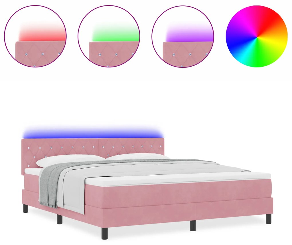 vidaXL Κρεβάτι Box Spring με Στρώμα & LED Ροζ 180x200 εκ. Βελούδο