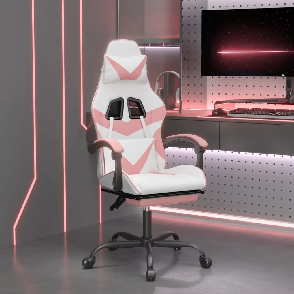 vidaXL Καρέκλα Gaming Περιστεφόμενη Υποπόδιο Λευκή &amp; Ροζ Συνθ. Δέρμα