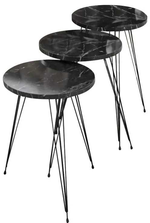 Τραπεζάκια σαλονιού Βοηθητικά Wakmi σετ 3 τεμ. σε μαύρο μάρμαρο μελαμίνη - μαύρο μέταλλο 33x33x55 εκ.