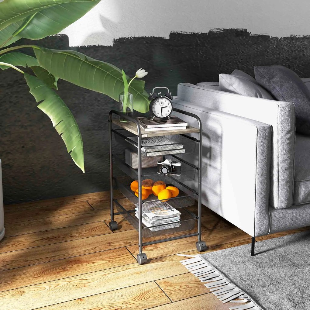 Τροχήλατο καρότσι HOMCOM με 4 καλάθια, καρότσι κουζίνας, 4 τροχοί με 2 φρένα, καρότσι πολλαπλών χρήσεων, Μαύρο, 41,5 x 31 x 66 cm