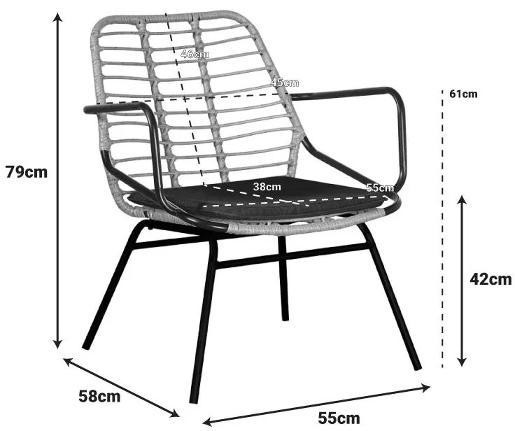 Καρέκλα - Πολυθρόνα κήπου Naoki με μαξιλάρι pe φυσικό-μέταλλο μαύρο πόδι 58x63x81 εκ. 58x63x81 εκ.