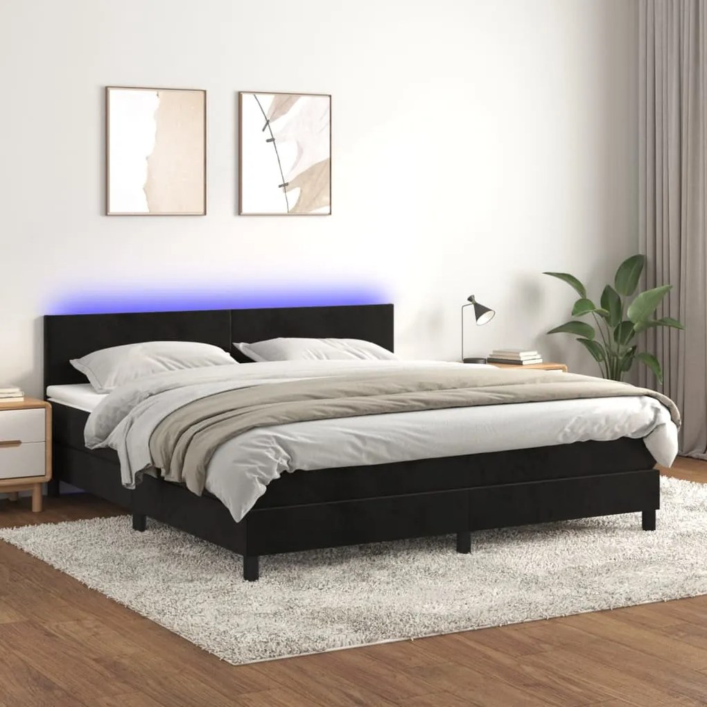 Κρεβάτι Boxspring με Στρώμα &amp; LED Μαύρο 180x200 εκ. Βελούδινο - Μαύρο