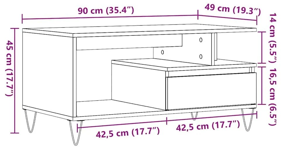 Τραπεζάκι Σαλονιού τεχνίτης Δρυς 90x49x45 εκ. Επεξεργασμ. Ξύλο - Καφέ