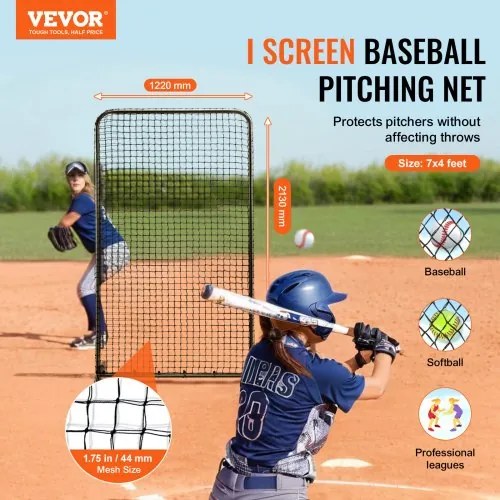 VEVOR I Screen Baseball for Batting Cage, 7x4 ft Baseball Softball Safety Screen, Body Protector Portable Batting Screen with Carry Bag &amp; Ground Stakes, Heavy Duty Pitching Net for Pitchers Protection