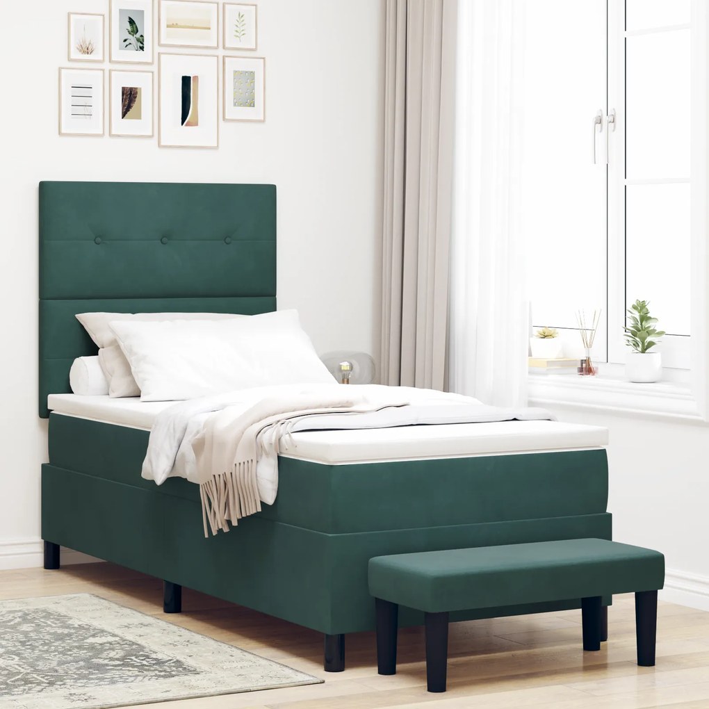 vidaXL Box Spring Κρεβάτι με Μαξιλάρι & Πάγκο Σκούρο Πράσινο 80x200 cm Βελούδο