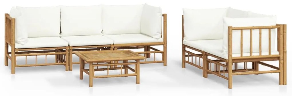 vidaXL Σαλόνι Κήπου Σετ 6 τεμ. από Μπαμπού με Λευκά Κρεμ Μαξιλάρια