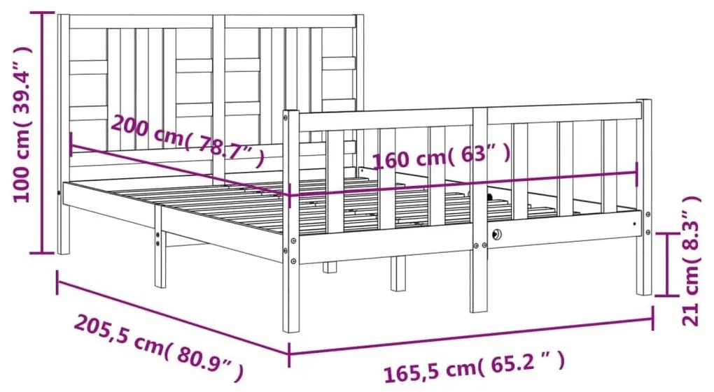 Σκελετός Κρεβατιού Χωρίς Στρώμα 160x200 εκ Μασίφ Ξύλο Πεύκου - Καφέ